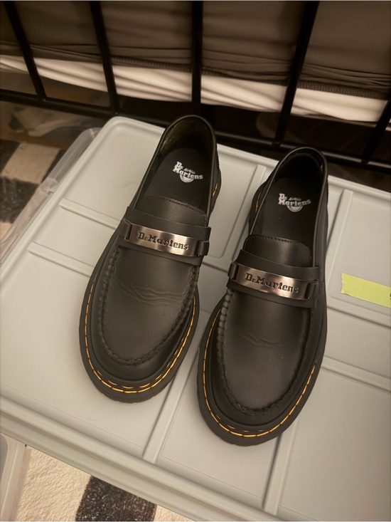Dr. Martens Shoes - Dr. Martens Black Leather Penny Loafers with Yellow Stitching